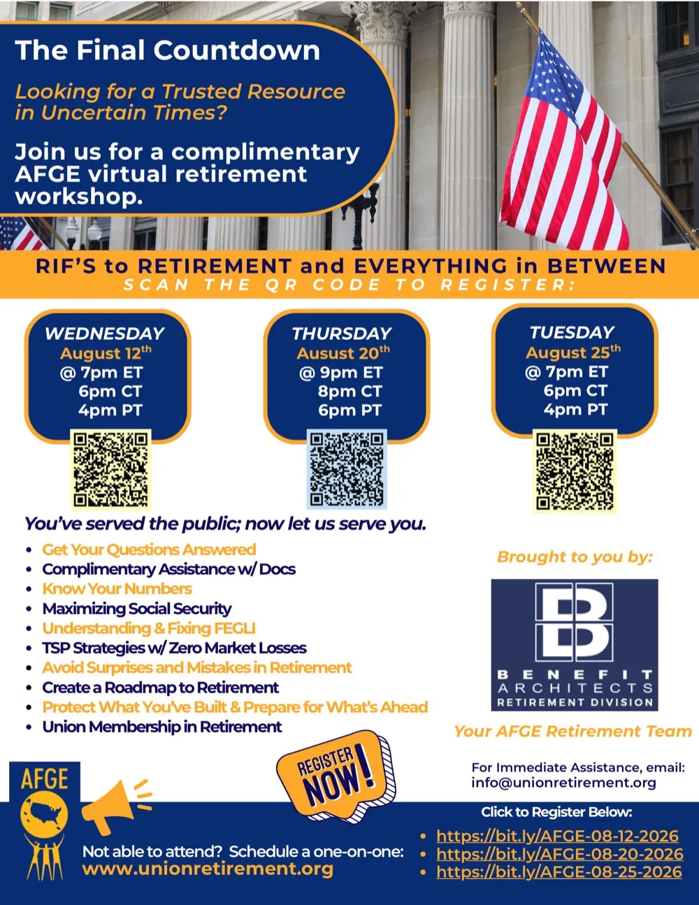 The August 2026 AFGE retirement workshop flyer, listing all three session dates with QR codes and the topics covered.